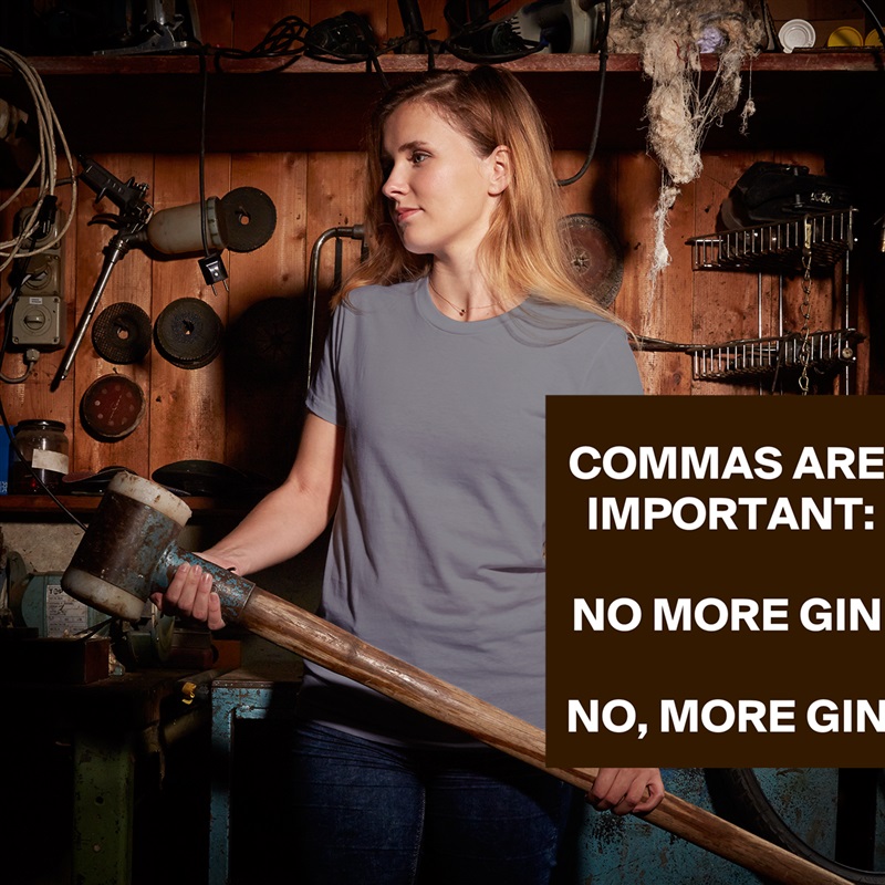 COMMAS ARE IMPORTANT:

NO MORE GIN

NO, MORE GIN White American Apparel Short Sleeve Tshirt Custom 