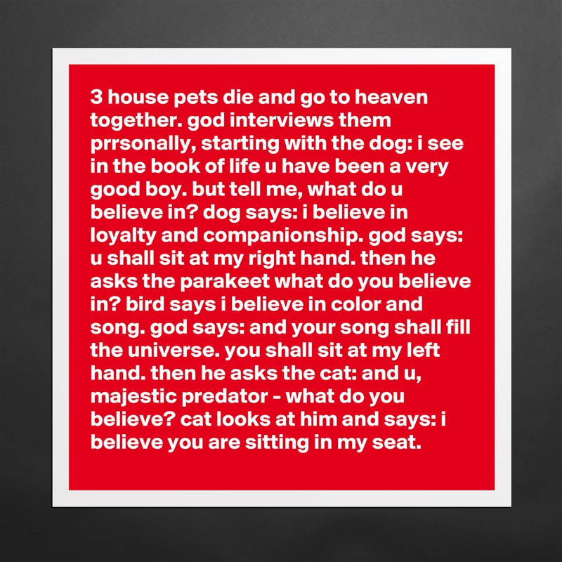 3 house pets die and go to heaven together. god interviews them prrsonally, starting with the dog: i see in the book of life u have been a very good boy. but tell me, what do u believe in? dog says: i believe in loyalty and companionship. god says: u shall sit at my right hand. then he asks the parakeet what do you believe in? bird says i believe in color and song. god says: and your song shall fill the universe. you shall sit at my left hand. then he asks the cat: and u, majestic predator - what do you believe? cat looks at him and says: i believe you are sitting in my seat. Matte White Poster Print Statement Custom 