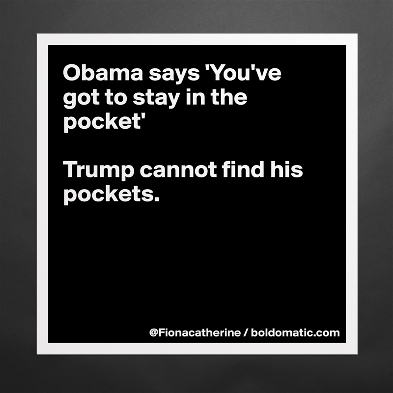 Obama says 'You've
got to stay in the pocket'

Trump cannot find his pockets.




 Matte White Poster Print Statement Custom 