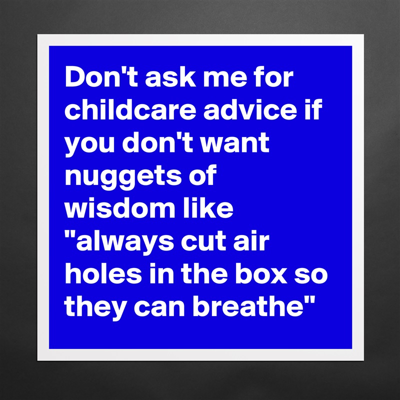 Don't ask me for childcare advice if you don't want nuggets of wisdom like "always cut air holes in the box so they can breathe" Matte White Poster Print Statement Custom 