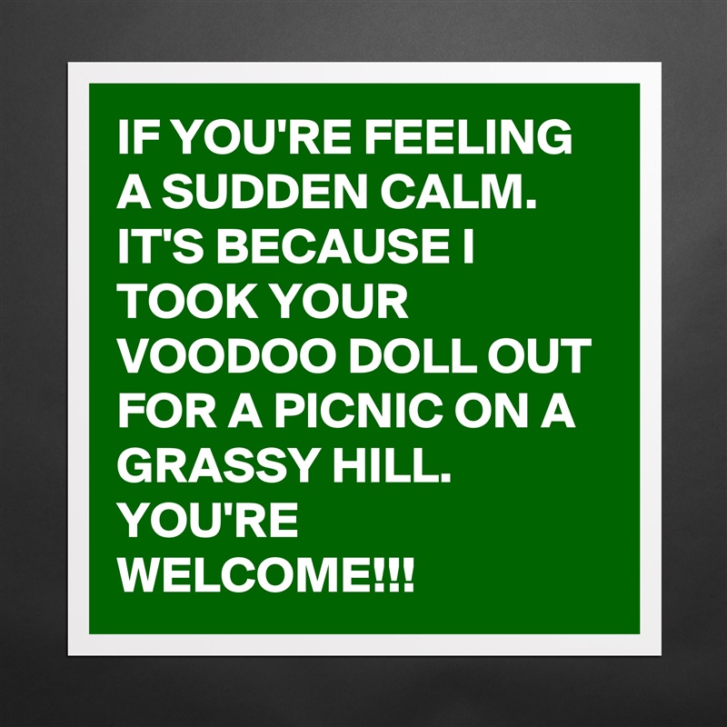 IF YOU'RE FEELING A SUDDEN CALM. IT'S BECAUSE I TOOK YOUR VOODOO DOLL OUT FOR A PICNIC ON A GRASSY HILL.          YOU'RE WELCOME!!! Matte White Poster Print Statement Custom 