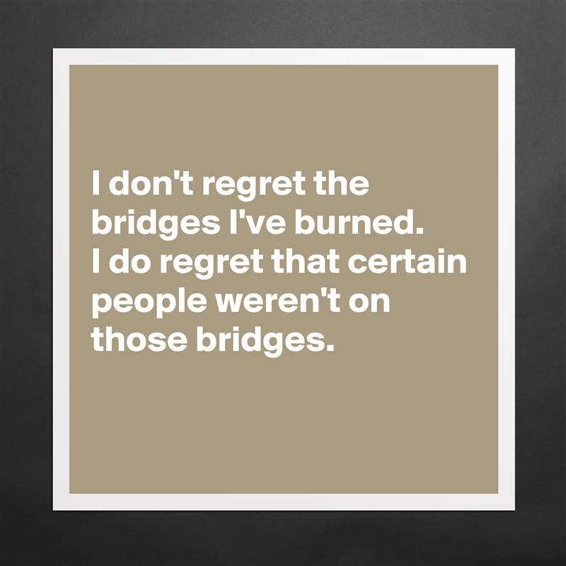 

I don't regret the bridges I've burned.
I do regret that certain people weren't on those bridges.

 Matte White Poster Print Statement Custom 