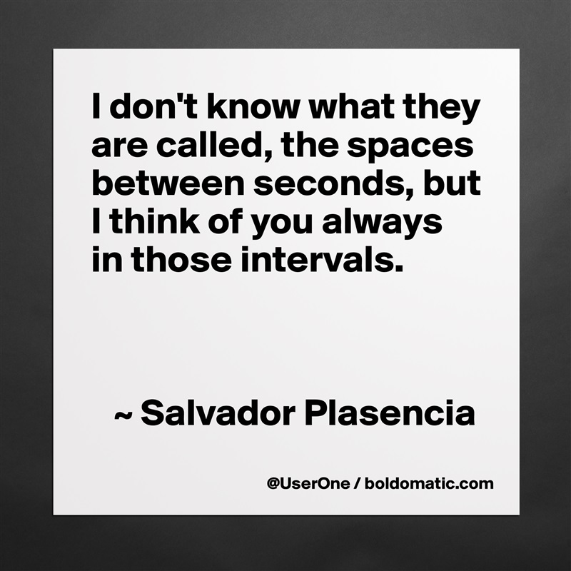 I don't know what they are called, the spaces between seconds, but I think of you always in those intervals.



   ~ Salvador Plasencia Matte White Poster Print Statement Custom 