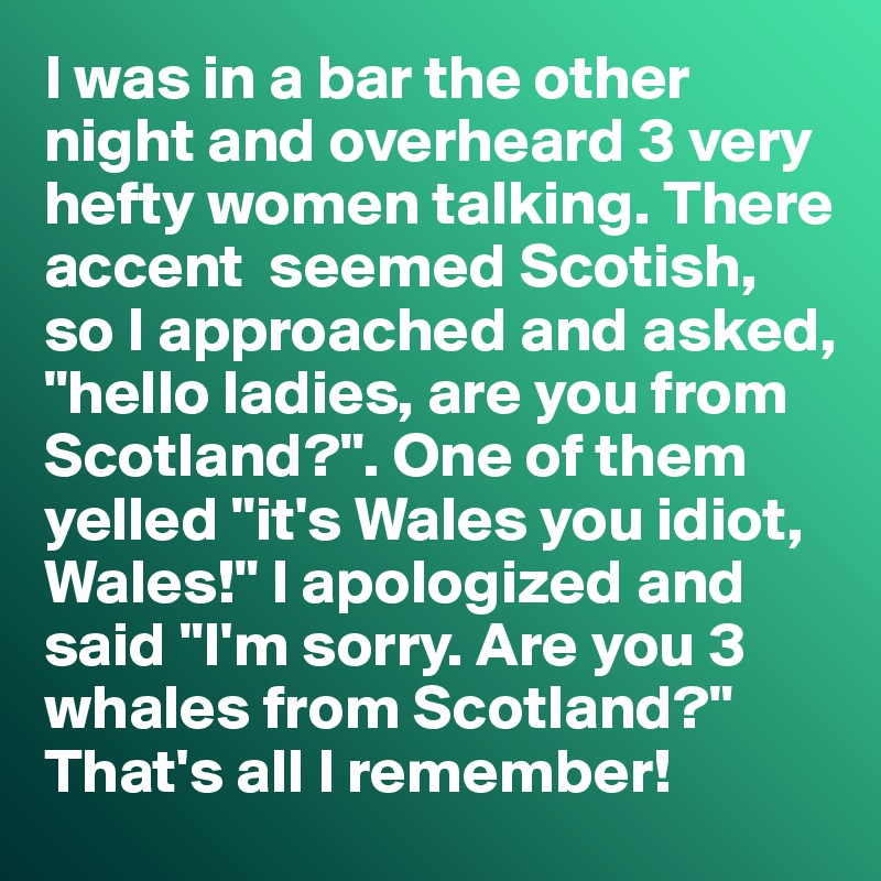 I was in a bar the other night and overheard 3 very hefty women talking. There accent  seemed Scotish, so I approached and asked, "hello ladies, are you from Scotland?". One of them yelled "it's Wales you idiot, Wales!" I apologized and said "I'm sorry. Are you 3 whales from Scotland?"
That's all I remember!