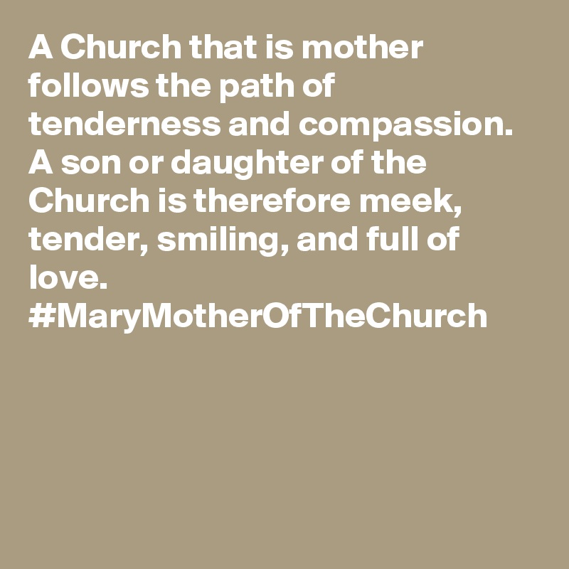A Church that is mother follows the path of tenderness and compassion. A son or daughter of the Church is therefore meek, tender, smiling, and full of love. #MaryMotherOfTheChurch