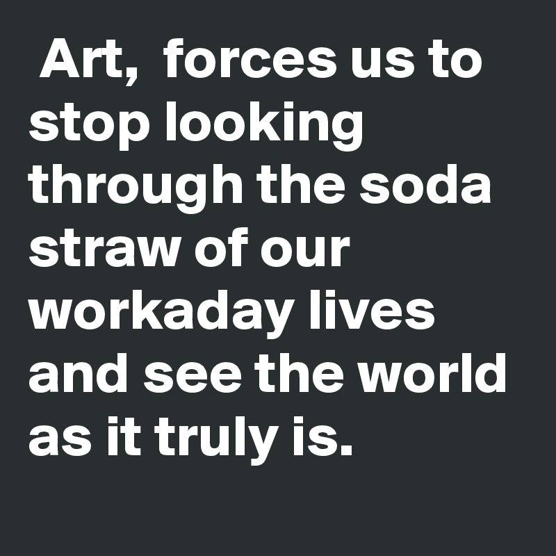  Art,  forces us to stop looking through the soda straw of our workaday lives and see the world as it truly is.