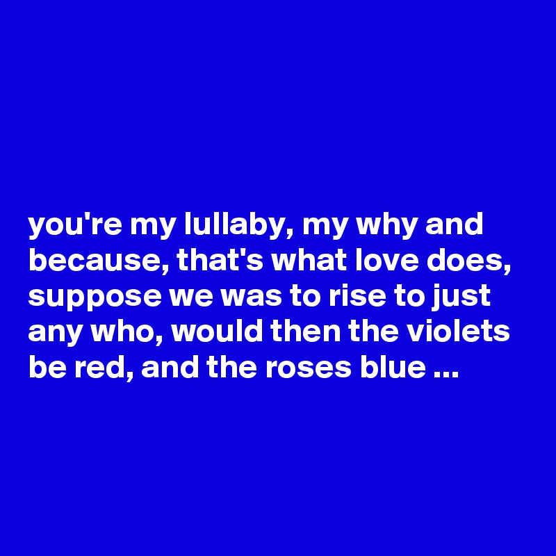 




you're my lullaby, my why and because, that's what love does, suppose we was to rise to just any who, would then the violets be red, and the roses blue ...


