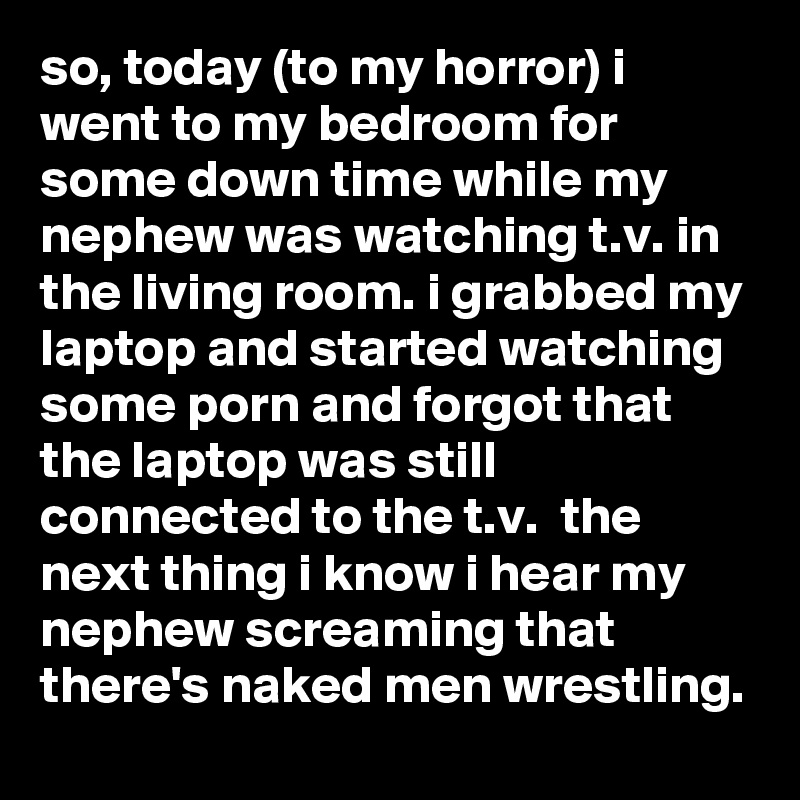 so, today (to my horror) i went to my bedroom for some down time while my nephew was watching t.v. in the living room. i grabbed my laptop and started watching some porn and forgot that the laptop was still connected to the t.v.  the next thing i know i hear my nephew screaming that there's naked men wrestling.