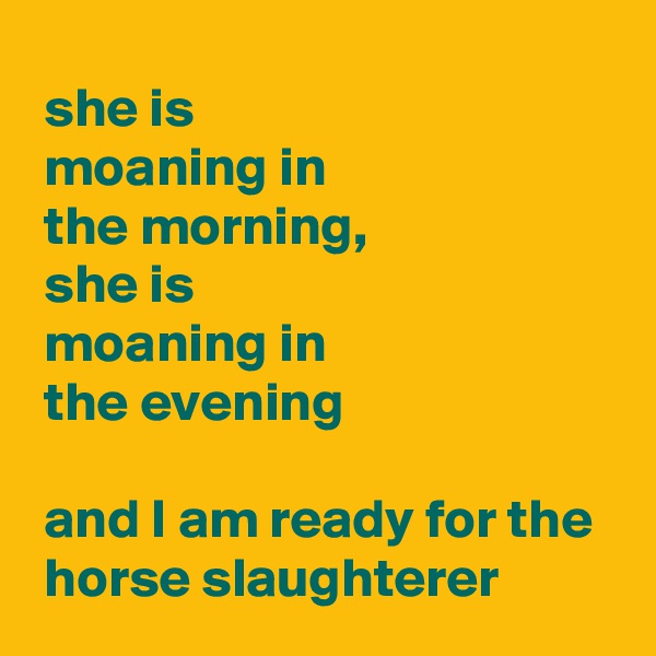  she is 
 moaning in 
 the morning,
 she is 
 moaning in 
 the evening

 and I am ready for the 
 horse slaughterer