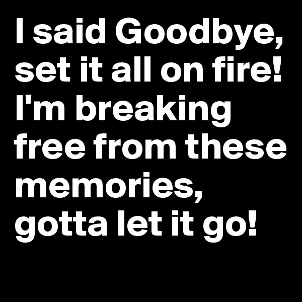 I said Goodbye, set it all on fire! I'm breaking free from these memories, gotta let it go!