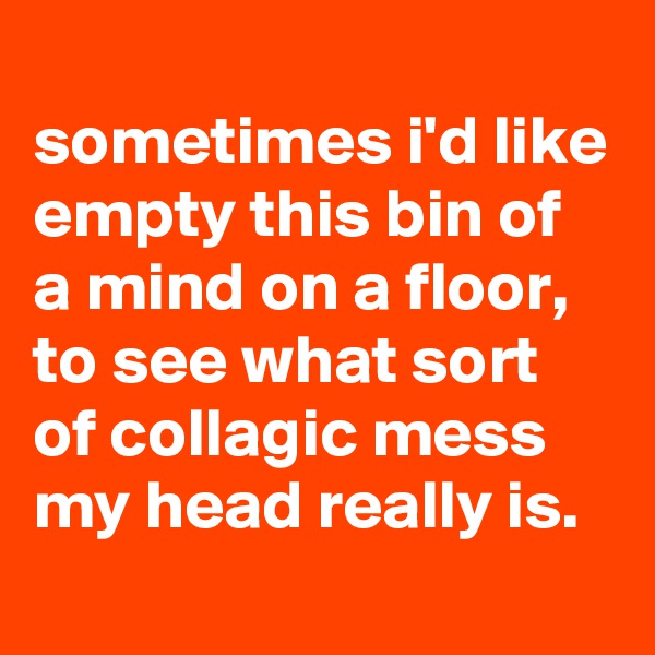 
sometimes i'd like empty this bin of a mind on a floor, to see what sort of collagic mess my head really is.
