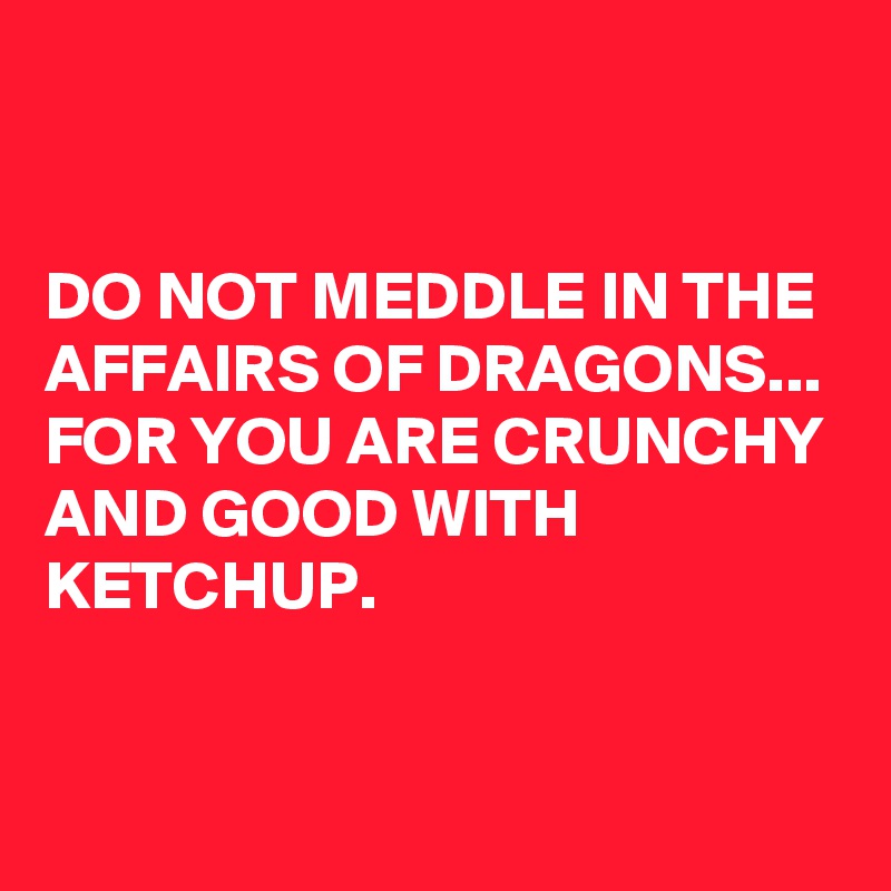 


DO NOT MEDDLE IN THE AFFAIRS OF DRAGONS...
FOR YOU ARE CRUNCHY AND GOOD WITH KETCHUP. 


