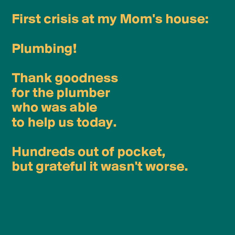First crisis at my Mom's house:

Plumbing!

Thank goodness 
for the plumber 
who was able 
to help us today.

Hundreds out of pocket,
but grateful it wasn't worse.


