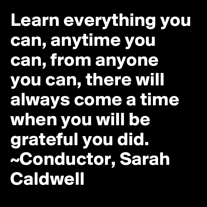 Learn everything you can, anytime you can, from anyone you can, there will always come a time when you will be grateful you did.
~Conductor, Sarah Caldwell