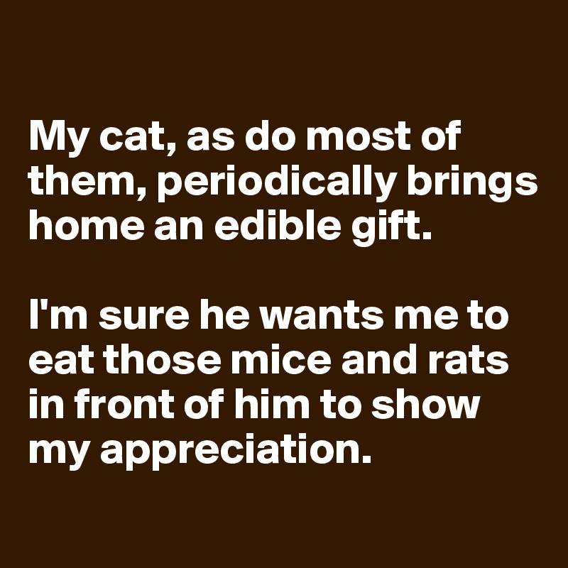 

My cat, as do most of them, periodically brings home an edible gift.

I'm sure he wants me to eat those mice and rats in front of him to show my appreciation.
