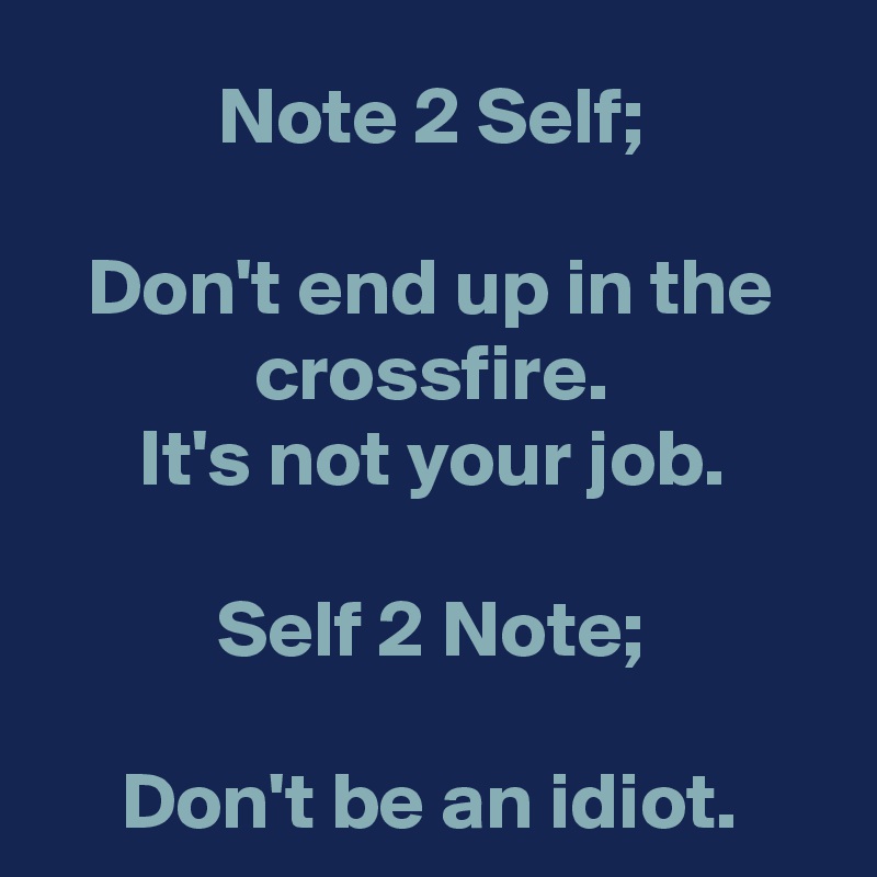 Note 2 Self;

Don't end up in the crossfire.
It's not your job.

Self 2 Note;

Don't be an idiot.