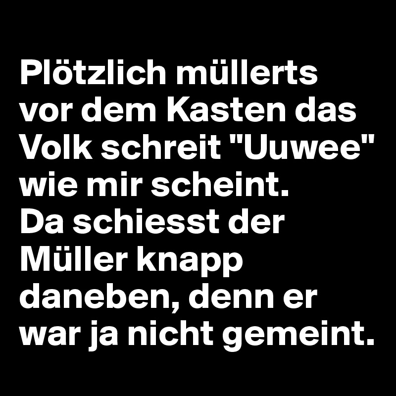 
Plötzlich müllerts vor dem Kasten das Volk schreit "Uuwee" wie mir scheint. 
Da schiesst der Müller knapp daneben, denn er war ja nicht gemeint.