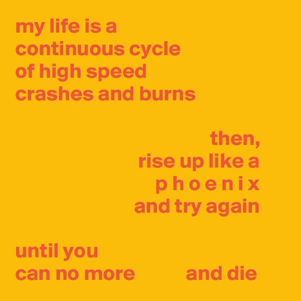 my life is a 
continuous cycle 
of high speed 
crashes and burns

                                              then,
                             rise up like a 
                                 p h o e n i x 
                            and try again 

until you 
can no more            and die