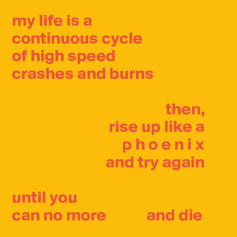 my life is a 
continuous cycle 
of high speed 
crashes and burns

                                              then,
                             rise up like a 
                                 p h o e n i x 
                            and try again 

until you 
can no more            and die