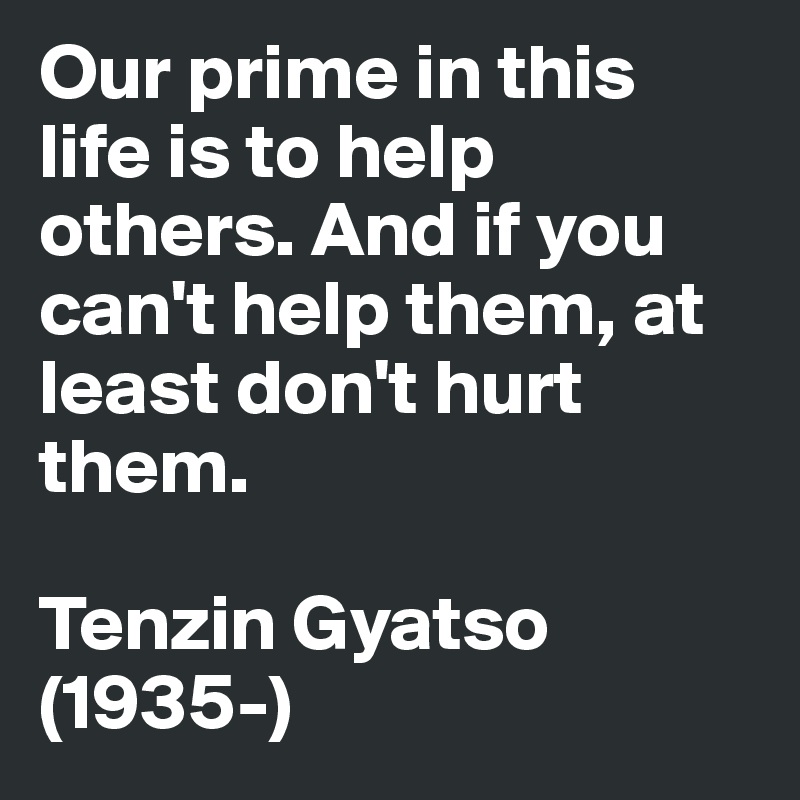 Our prime in this life is to help others. And if you can't help them, at least don't hurt them. 

Tenzin Gyatso (1935-)