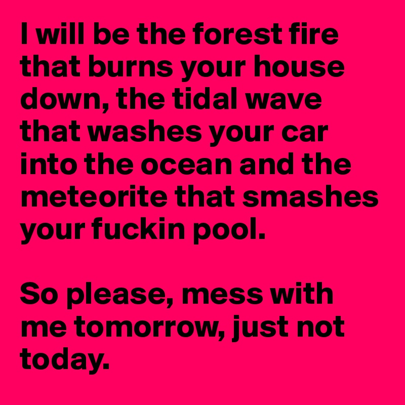 I will be the forest fire that burns your house down, the tidal wave that washes your car into the ocean and the meteorite that smashes your fuckin pool.

So please, mess with me tomorrow, just not today.