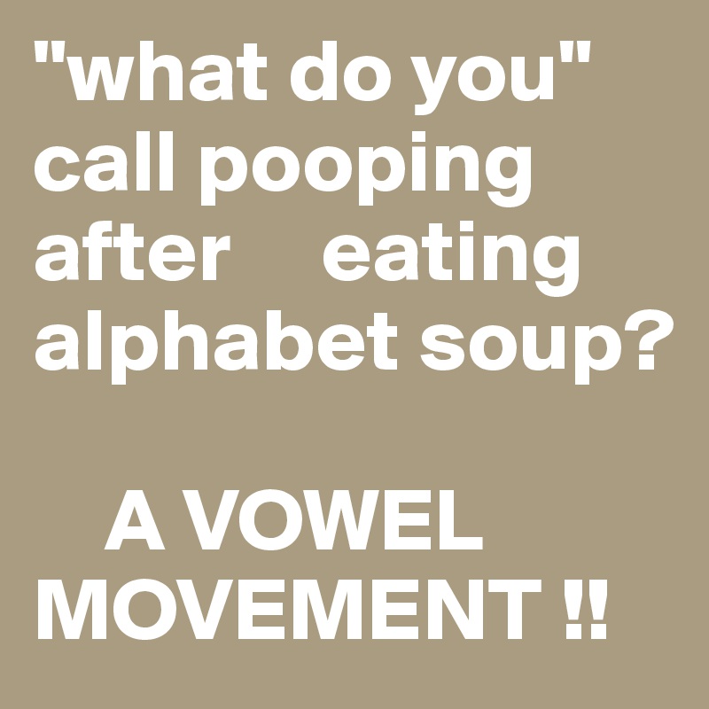 "what do you" call pooping after     eating alphabet soup?

    A VOWEL MOVEMENT !!