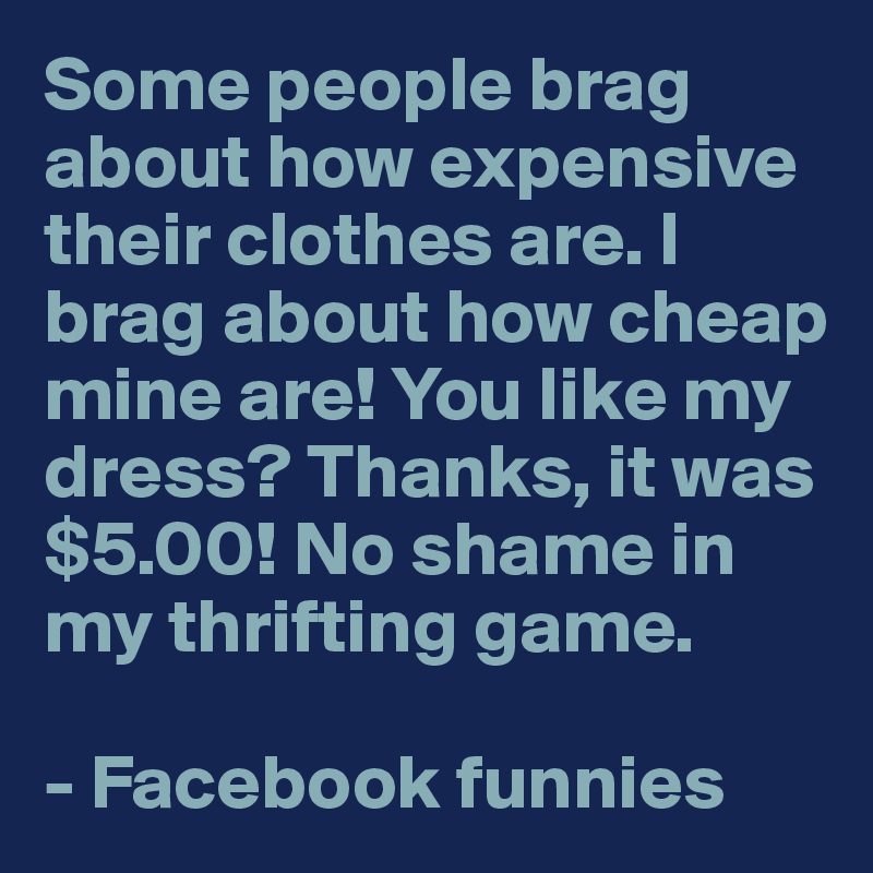 Some people brag about how expensive their clothes are. I brag about how cheap mine are! You like my dress? Thanks, it was $5.00! No shame in my thrifting game.

- Facebook funnies