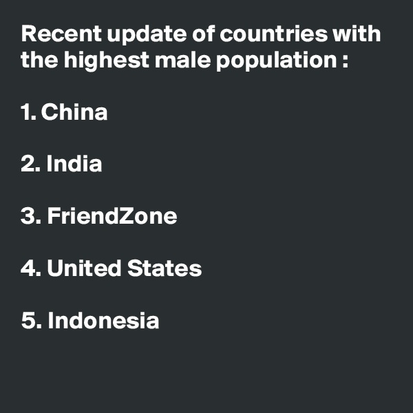 Recent update of countries with the highest male population :

1. China

2. India

3. FriendZone

4. United States

5. Indonesia

