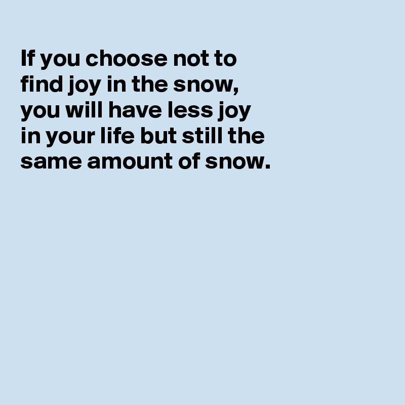 
If you choose not to
find joy in the snow,
you will have less joy
in your life but still the
same amount of snow.







