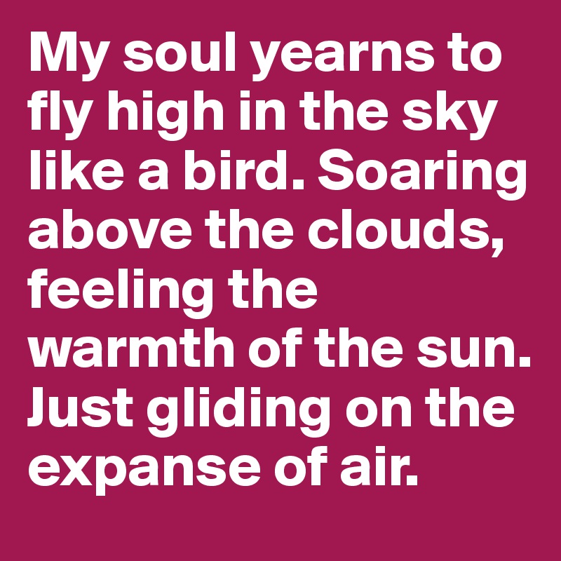 My soul yearns to fly high in the sky like a bird. Soaring above the clouds, feeling the warmth of the sun. Just gliding on the expanse of air. 