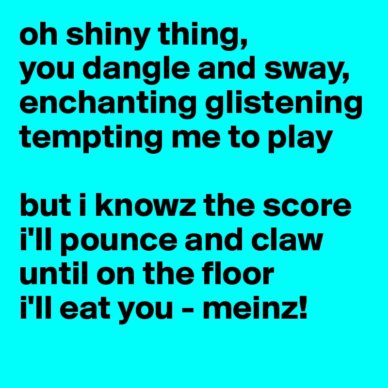 oh shiny thing,
you dangle and sway,
enchanting glistening
tempting me to play

but i knowz the score
i'll pounce and claw
until on the floor
i'll eat you - meinz!
