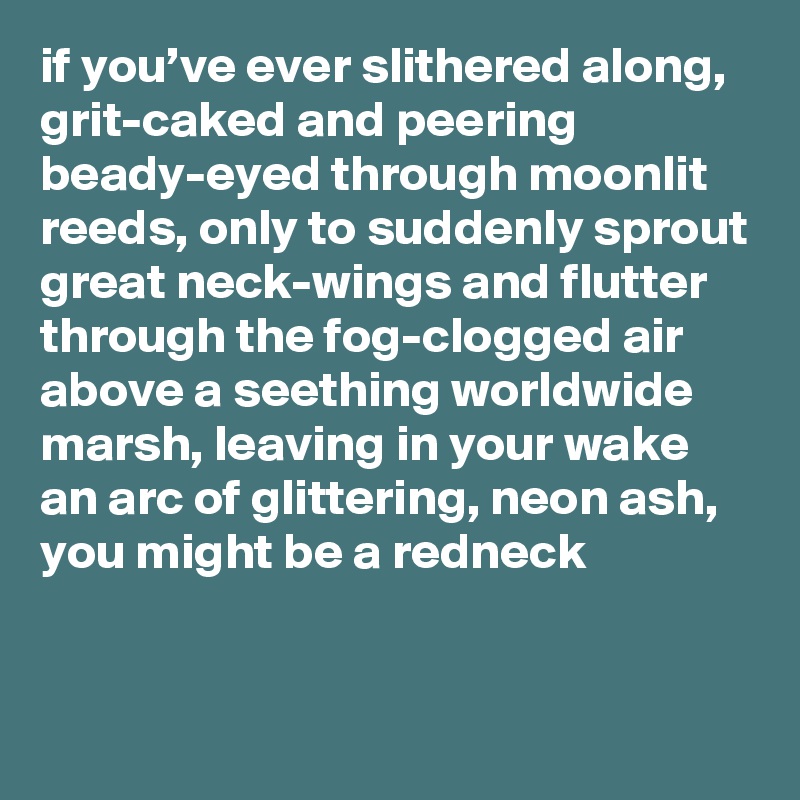 if you’ve ever slithered along, grit-caked and peering beady-eyed through moonlit reeds, only to suddenly sprout great neck-wings and flutter through the fog-clogged air above a seething worldwide marsh, leaving in your wake an arc of glittering, neon ash, you might be a redneck