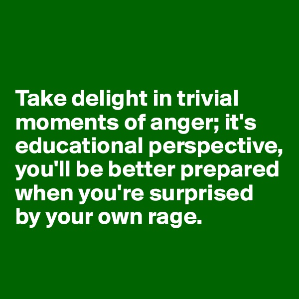 


Take delight in trivial moments of anger; it's educational perspective, you'll be better prepared 
when you're surprised 
by your own rage.

