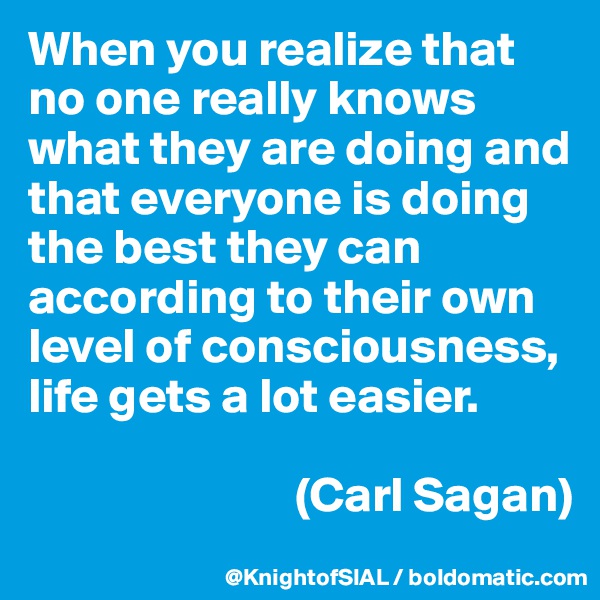 When you realize that no one really knows what they are doing and that everyone is doing the best they can according to their own level of consciousness, life gets a lot easier. 

                           (Carl Sagan)