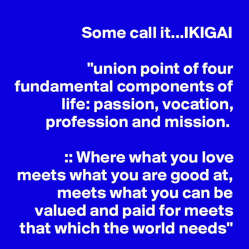 Some call it...IKIGAI

 "union point of four fundamental components of life: passion, vocation, profession and mission. 

:: Where what you love meets what you are good at, meets what you can be valued and paid for meets that which the world needs"