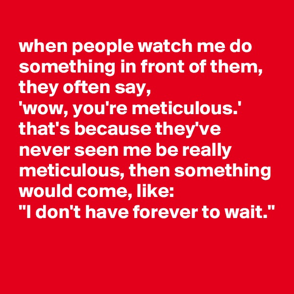 
 when people watch me do
 something in front of them,
 they often say,
 'wow, you're meticulous.'
 that's because they've
 never seen me be really
 meticulous, then something
 would come, like: 
 "I don't have forever to wait."

