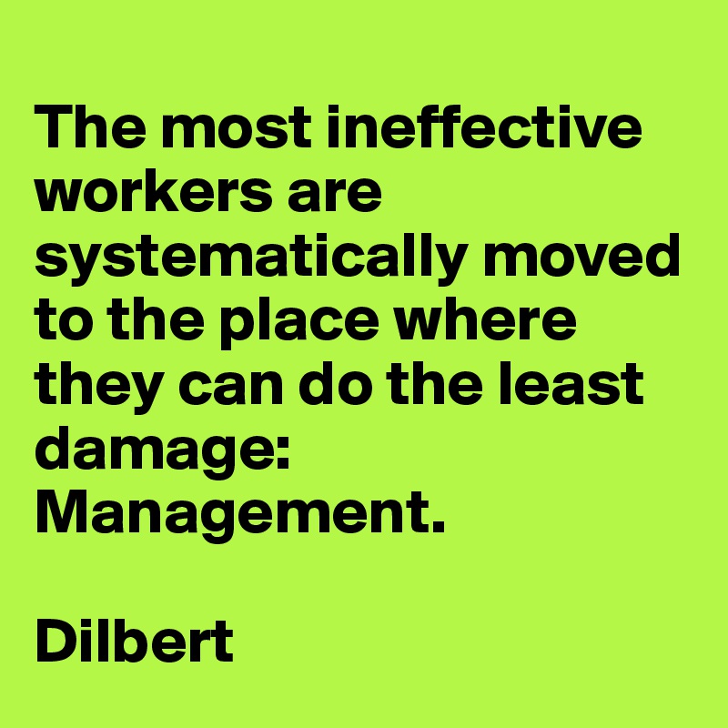 
The most ineffective workers are systematically moved to the place where they can do the least damage: Management.

Dilbert 