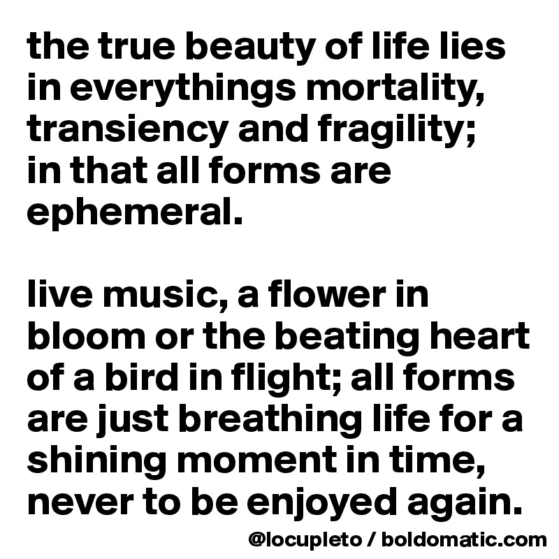 the true beauty of life lies in everythings mortality, transiency and fragility; 
in that all forms are ephemeral. 

live music, a flower in bloom or the beating heart of a bird in flight; all forms are just breathing life for a shining moment in time, never to be enjoyed again. 