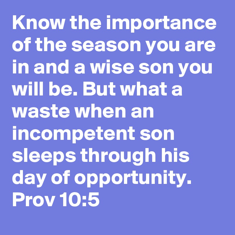 Know the importance of the season you are in and a wise son you will be. But what a waste when an incompetent son sleeps through his day of opportunity. Prov 10:5