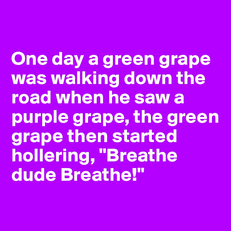 
 
One day a green grape was walking down the road when he saw a purple grape, the green grape then started hollering, "Breathe dude Breathe!"
 