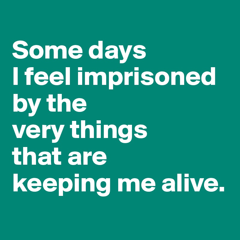 
Some days 
I feel imprisoned 
by the 
very things 
that are 
keeping me alive.
