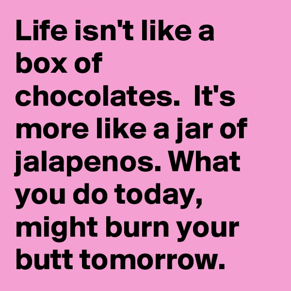 Life isn't like a box of chocolates.  It's more like a jar of jalapenos. What you do today, might burn your butt tomorrow.     