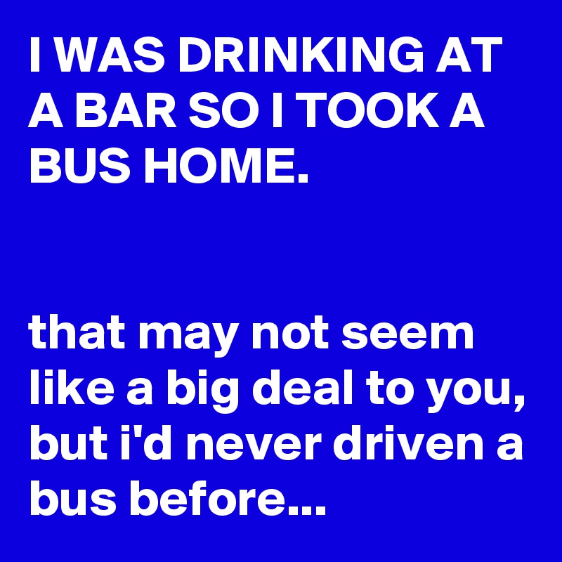 I WAS DRINKING AT A BAR SO I TOOK A BUS HOME.


that may not seem like a big deal to you, but i'd never driven a bus before...