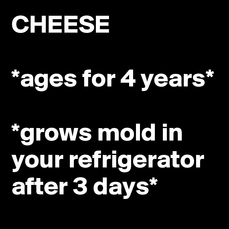 CHEESE

*ages for 4 years*

*grows mold in your refrigerator after 3 days*