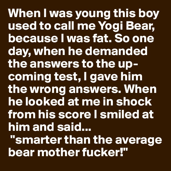 When I was young this boy used to call me Yogi Bear, because I was fat. So one day, when he demanded the answers to the up-coming test, I gave him the wrong answers. When he looked at me in shock from his score I smiled at him and said...
 "smarter than the average bear mother fucker!"