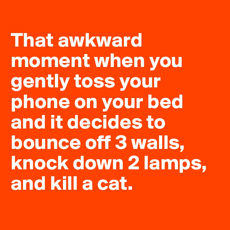 
That awkward moment when you gently toss your phone on your bed and it decides to bounce off 3 walls, knock down 2 lamps, and kill a cat.
