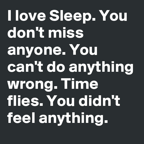 I love Sleep. You don't miss anyone. You can't do anything wrong. Time flies. You didn't feel anything.