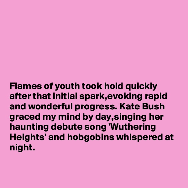 






Flames of youth took hold quickly after that initial spark,evoking rapid and wonderful progress. Kate Bush graced my mind by day,singing her haunting debute song 'Wuthering Heights' and hobgobins whispered at night. 

