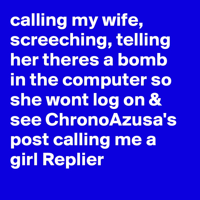 calling my wife, screeching, telling her theres a bomb in the computer so she wont log on & see ChronoAzusa's post calling me a girl Replier