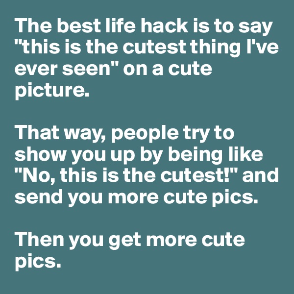 The best life hack is to say "this is the cutest thing l've ever seen" on a cute picture. 

That way, people try to show you up by being like "No, this is the cutest!" and send you more cute pics. 

Then you get more cute pics.